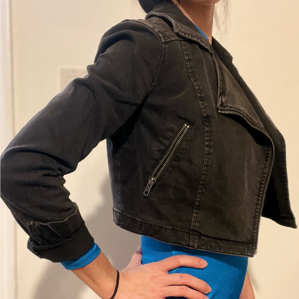 Silence + Noise Cropped Faded Black Jean Moto Jacket